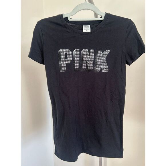 PINK Victoria's Secret Tops - Victoria Secret PINK Short Sleeve Perfect T Shirt Black Shine Rhinestone Logo XS